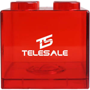 A red square block coin bank with two rounded tops and a logo on the front.