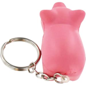 A pink mini pig stress item attached to a keyring, featuring a metal chain and keyring.