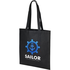 A black non-woven long handle bag with a blue logo and a V gusset design.