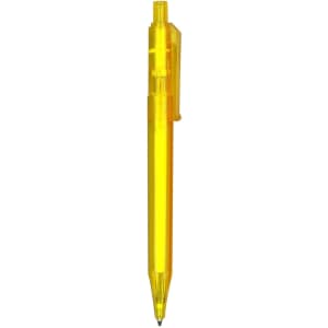 A transparent barrel pen in bright yellow with a clip and black ink tip. It features a branding logo on the barrel.