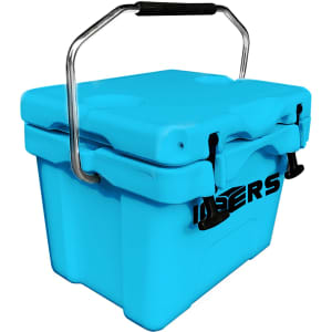 A blue 15L cooler box with a handle and a secure lid, featuring a logo on the front.
