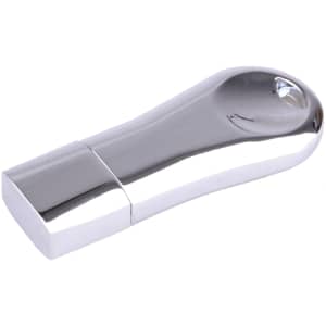A shiny silver flash drive with a sleek, rounded design and a square base, featuring a logo.