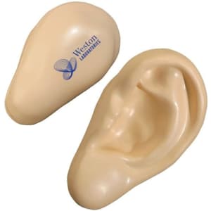 A cream-coloured ear-shaped stress reliever with a logo, designed as a fun stress keyring.