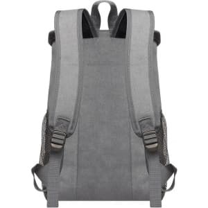 A grey cooler backpack featuring padded shoulder straps and mesh side pockets. Branding visible on the product.