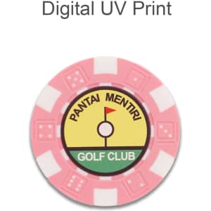 A pink poker chip featuring a yellow centre with a golf flag graphic and a logo. It has a decorative edge design.