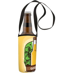 A drink bottle holder with a lanyard, featuring a colourful design and a logo, in shades of yellow and green.