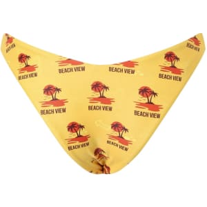 A yellow bikini bottom featuring palm tree and sunset designs, with a logo pattern.