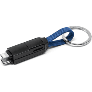 A black 3-in-1 charging cable with a blue keyring attachment, featuring multiple connector types.