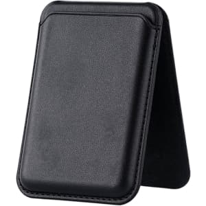 A black PU foldable magnetic card holder with a phone stand feature, displaying a sleek and minimalist design.