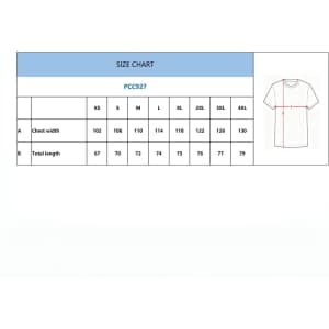 A size chart detailing measurements for a men's fishing T-shirt, including chest width and total length for various sizes.