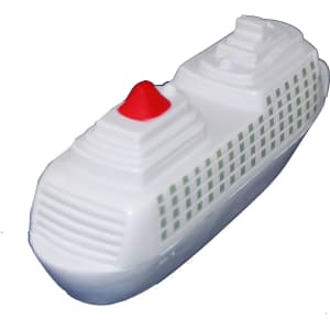 A white stress reliever shaped like a cruise ship, featuring a red top and green grid pattern on the sides.
