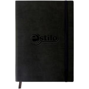 A black PU cover notebook with a flexible spine and an elastic closure, featuring a logo on the front.