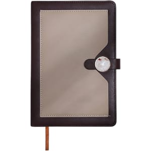 A brown and tan notebook with a magnetic buckle closure and a simple design. It features a ribbon marker and a logo.