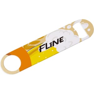 A drink bottle opener featuring a vibrant yellow and orange design with a logo. It has a sleek, flat shape.