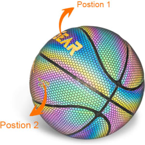 A holographic basketball featuring vibrant colours and a mesh pattern, with a prominent logo displayed on its surface.