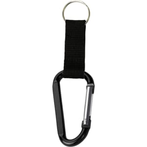 A black carabiner keychain with a metal clip and a fabric strap, featuring a key ring attachment.