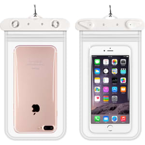 A waterproof mobile pouch in clear material, featuring a white top and holding a mobile phone on both sides.