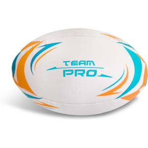 A white AFL ball with blue and orange designs, featuring the branding "TEAM PRO".