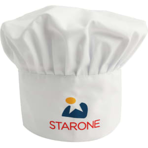 A white adult chef hat featuring a logo on the front. The hat has a classic, pleated design.