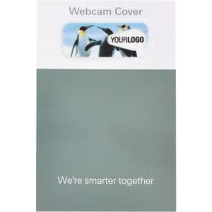 A green webcam cover pack features a logo and an image of penguins. The packaging states, "We're smarter together."