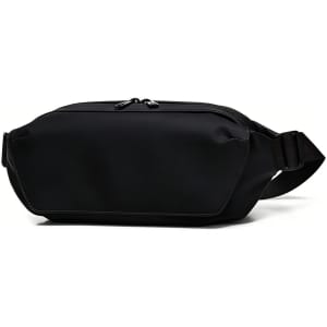 A black fanny pack with a sleek design, featuring a zip closure and an adjustable strap. It has a logo.