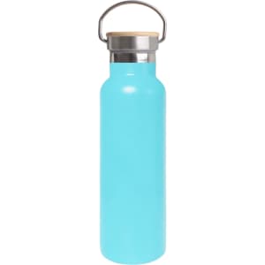 A drink bottle in a vibrant turquoise colour with a bamboo lid and stainless steel accents.