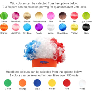 A headband wig featuring a mix of red, white, and blue curly hair. Includes various colour options for selection.