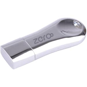 A sleek, silver flash drive with a rounded design and a logo. Suitable for storage and transfer of data.