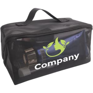 A black nylon mesh cosmetic bag with a zipper, containing beauty products and featuring a logo.
