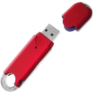 A red O-ring flash drive with a removable cap, featuring a clear plastic casing and a metal loop.
