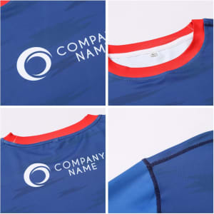 A long-sleeved T-shirt in blue and red, made of polyester and spandex, featuring a logo.