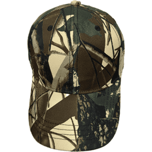 A camouflage 6-panel cap featuring shades of green, brown, and cream with a branded logo.