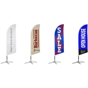 A set of four angled feather banners in white, beige, red, and blue, featuring various designs and a base stand.