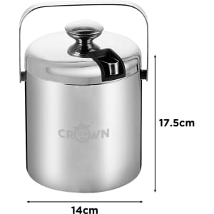 A stainless steel ice bucket with a lid and tongs, featuring a handle and a logo. Dimensions are 17.5 cm tall and 14 cm wide.