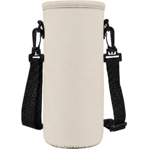 A drink bottle carrier in beige fabric with black straps, featuring clips for attachment.