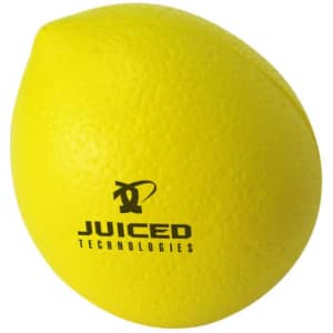A yellow lemon-shaped stress reliever with a textured surface and a logo printed on it.