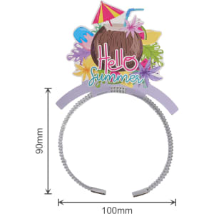 A headband featuring a colourful summer-themed topper with a coconut, flowers, and beach motifs. It has a branded logo.