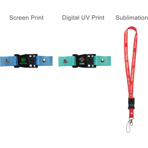 A red lanyard flash drive with a clip, featuring different printing styles and colour options.