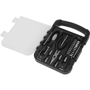 A black and white 22 in 1 hand tool set in a compact case with various tools and attachments.