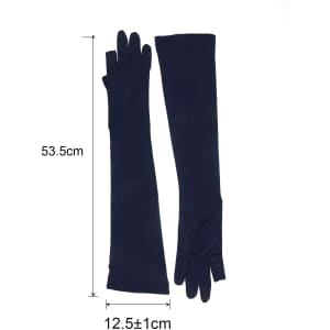 Long sleeve, navy sun protective gloves featuring two open fingers, shown laid flat for display.