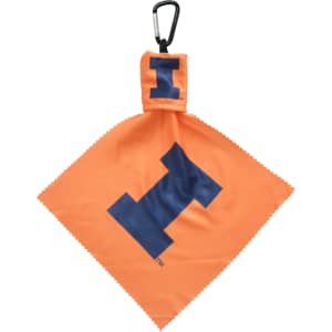 An orange microfibre lens cloth with a carabiner, featuring a large navy blue letter "I" and a logo.