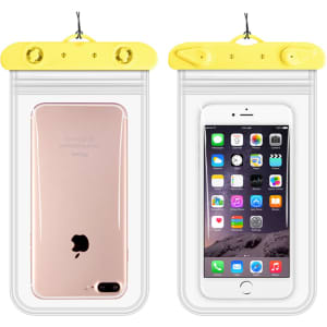 A waterproof mobile pouch in transparent plastic with yellow clips, displaying a phone inside and out.