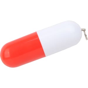 A pill-shaped flash drive in red and white, featuring a keychain attachment. It has a smooth glossy finish.