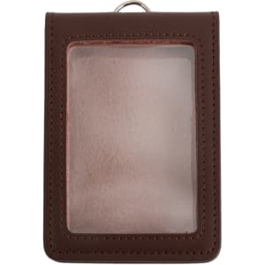 A brown PU leather ID card holder with a clear front window and a loop for attachment.