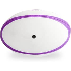 A rugby ball in white with purple accents and a logo. The ball has a classic oval shape.