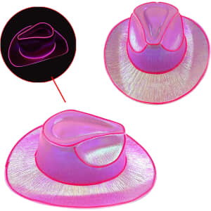 Light up cowboy hats in vibrant pink with a shiny, reflective finish, featuring a logo on the brim.