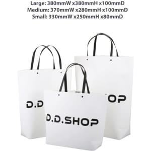 Large white boutique paper bag, featuring two black handles and a logo. Dimensions: 380mmW x 380mmH x 100mmD.