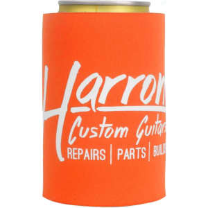 An orange stubby holder with a logo, designed to fit a drink can or bottle.