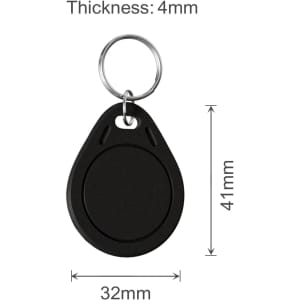 A black NFC keytag with a keyring, featuring a smooth, rounded design and dimensions specified above.