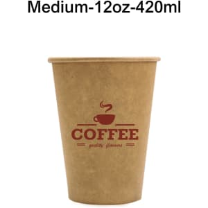 A disposable single wall kraft paper cup in brown with a coffee design and branding.